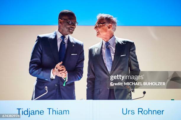 Credit Suisse CEO Tidjane Thiam and chairman Urs Rohner arrive for the annual shareholders' meeting of the Swiss banking group on April 28, 2017 in...