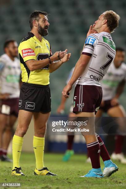 Referee Gavin Badger speaks the Daly Cherry-Evans of the Sea Eagles during the round nine NRL match between the South Sydney Rabbitohs and the Manly...