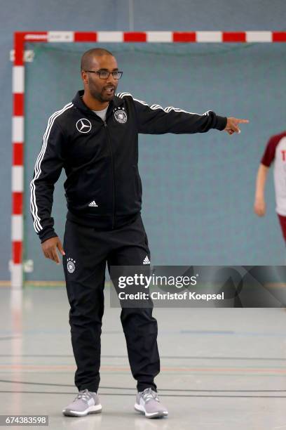 Cacau, DFB Integration ambassador does a training session with refugees at Janusz-Korczak School on April 28, 2017 in Voerde, Germany.