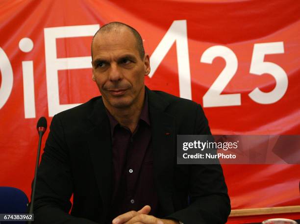 Former Greek Minister of Finance Yanis Varoufakis presents the program of Diem25, in a press conference,on April 28, 2017 in Thessaloniki, Greece