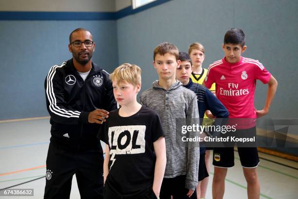 Cacau, DFB Integration ambassador does a training session with refugees at Janusz-Korczak School on April 28, 2017 in Voerde, Germany.