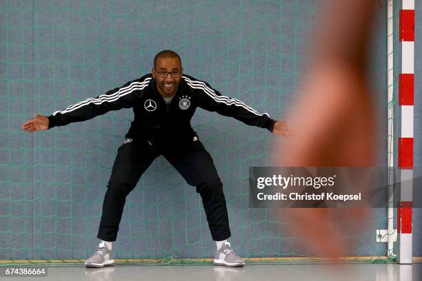 Cacau, DFB Integration ambassador does a training session with refugees at Janusz-Korczak School on April 28, 2017 in Voerde, Germany.