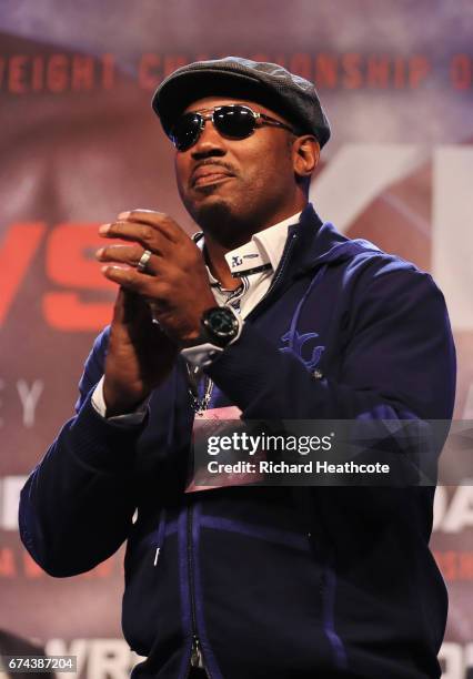 Lennox Lewis is introduced ahead of the weigh-in prior to the Heavyweight Championship contest between Anthony Joshua and Wladimir Klitschko at...