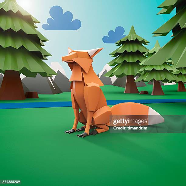 origami  fox in the forest - origami tree stock pictures, royalty-free photos & images