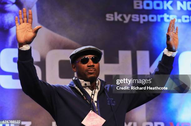Lennox Lewis is introduced ahead of the weigh-in prior to the Heavyweight Championship contest between Anthony Joshua and Wladimir Klitschko at...