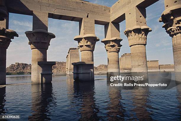 View of Trajan's Kiosk, part of the temple complex of Philae, located on the island of Philae in the River Nile in Egypt and flooded by construction...