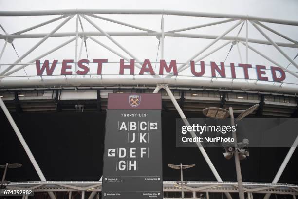 London Stadium, home of West Ham United Football Club, is pictured in London on April 27, 2017. In a wave of cross-Channel raids and arrests, at...