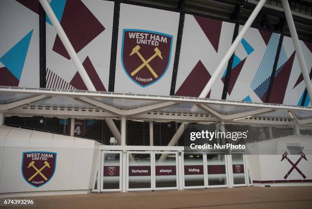 London Stadium, home of West Ham United Football Club, is pictured in London on April 27, 2017. In a wave of cross-Channel raids and arrests, at...