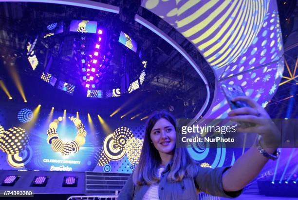 Girl takes a selfie,during preparations the Eurovision Song Contest inside the International Exhibition Center in Kiev, Ukraine, 28 April, 2017. The...