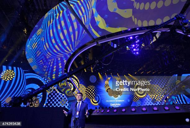 Ukrainian Prime Minister Volodymyr Groysman speaks with media, as he inspects the preparations for the Eurovision Song Contest inside the...