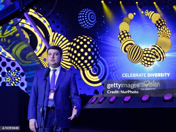 Ukrainian Prime Minister Volodymyr Groysman speaks with media, as he inspects the preparations for the Eurovision Song Contest inside the...