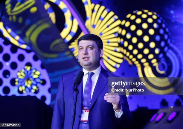 Ukrainian Prime Minister Volodymyr Groysman speaks with media, as he inspects the preparations for the Eurovision Song Contest inside the...