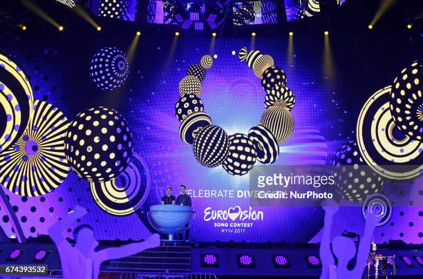 The Eurovision logo is seen on the stage, during preparations for the Eurovision Song Contest inside the International Exhibition Center in Kiev,...