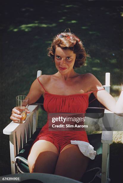 Rita Aarons, wife of photographer Slim Aarons, during the filming of 'Mister Roberts' in Hawaii, 1955.