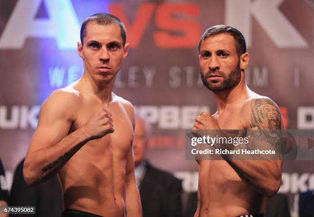 Scott Quigg and Viorel Simion weigh-in prior to their eliminator IBF featherweight contest at Wembley Arena on April 28, 2017 in London, England.