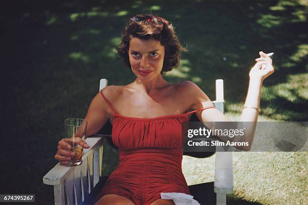 Rita Aarons, wife of photographer Slim Aarons, during the filming of 'Mister Roberts' in Hawaii, 1955.