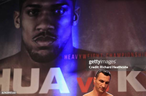 Wladimir Klitschko looks on during the weigh-in prior to the Heavyweight Championship contest against Anthony Joshua at Wembley Arena on April 28,...