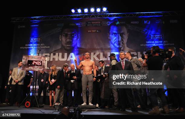 Wladimir Klitschko poses during the weigh-in prior to the Heavyweight Championship contest against Anthony Joshua at Wembley Arena on April 28, 2017...