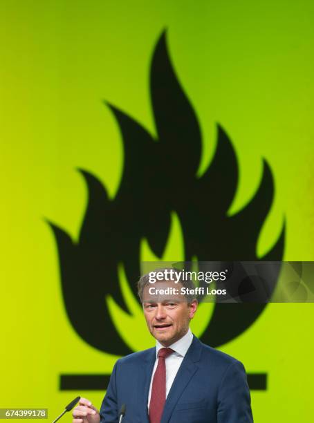 Christian Lindner, head of the German Free Democratic Party holds a speech at the Federal Congress of FDP Political Party on April 28, 2017 in...