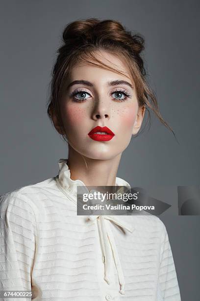 young beautiful woman with freckles - blouse fashion stock pictures, royalty-free photos & images