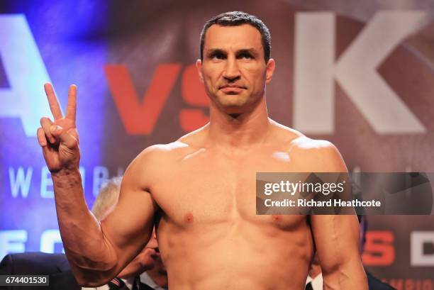 Wladimir Klitschko poses during the weigh-in prior to the Heavyweight Championship contest against Anthony Joshua at Wembley Arena on April 28, 2017...