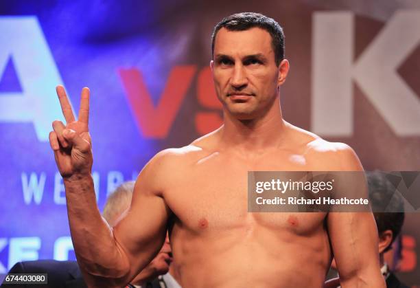 Wladimir Klitschko poses during the weigh-in prior to the Heavyweight Championship contest against Anthony Joshua at Wembley Arena on April 28, 2017...