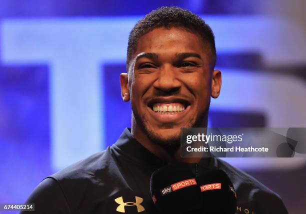 Anthony Joshua is interviewed during the weigh-in prior to the Heavyweight Championship contest Wladimir Klitschko against at Wembley Arena on April...