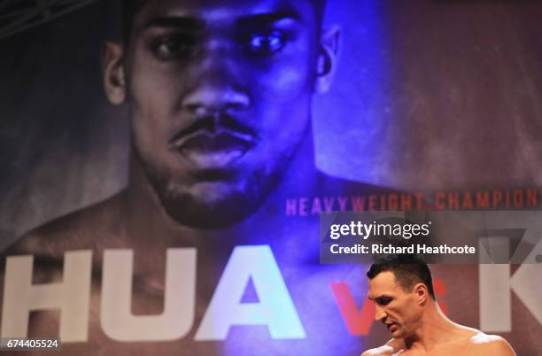 Wladimir Klitschko looks on during the weigh-in prior to the Heavyweight Championship contest against Anthony Joshua at Wembley Arena on April 28,...
