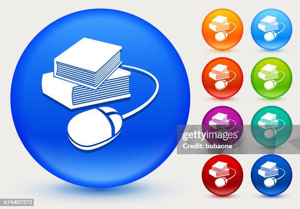 books and computer mouse icon on shiny color circle buttons - hybrid learning stock illustrations