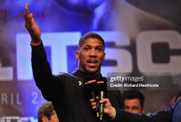 Anthony Joshua is interviewed during the weigh-in prior to the Heavyweight Championship contest Wladimir Klitschko against at Wembley Arena on April...
