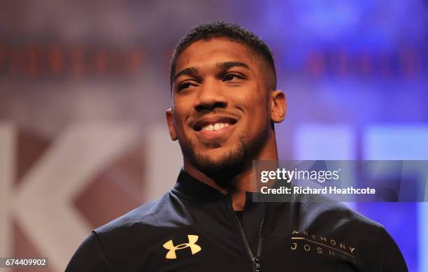 Anthony Joshua looks on during the weigh-in prior to the Heavyweight Championship contest Wladimir Klitschko against at Wembley Arena on April 28,...