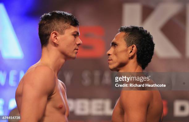 Luke Campbell and Darleys Perez face each other during the weigh-in prior to their WBA eliminator lightweight contest at Wembley Arena on April 28,...