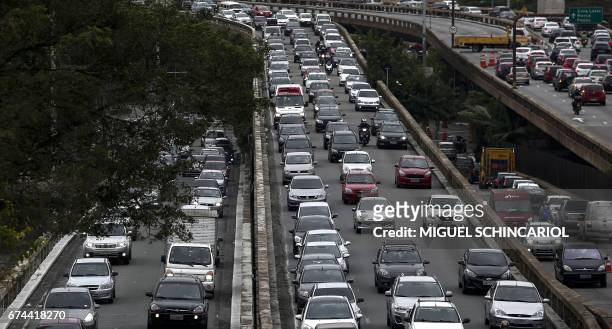 Traffick jam during a general strike against the Brazilian social welfare reform project in Sao Paulo, Brazil, on April 28, 2017. Protesters snarled...