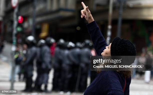 Woman gestures during a general strike against the Brazilian social welfare reform project in Sao Paulo, Brazil, on April 28, 2017. Protesters...