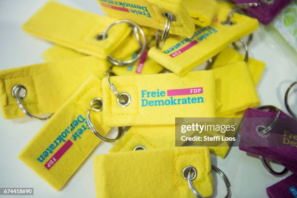 Key chain as an advertising material with FDP logo at the Federal Congress of FDP Political Party on April 28, 2017 in Berlin, Germany. According to...