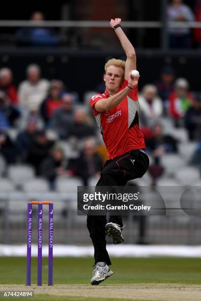 Zak Chappell of Leicestershire bowls during the Royal London One-Day Cup match between Lancashire and Leicestershire at Old Trafford on April 28,...