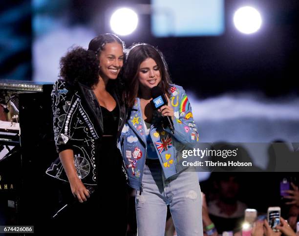 Alicia Keys and Selena Gomez attend 'We Day' California 2017 at The Forum on April 27, 2017 in Inglewood, California.