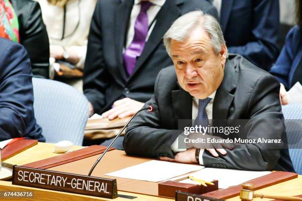 United Nations Secretary General Antonio Guterres speaks to members of the security council during a meeting on nonproliferation of North Korea at...
