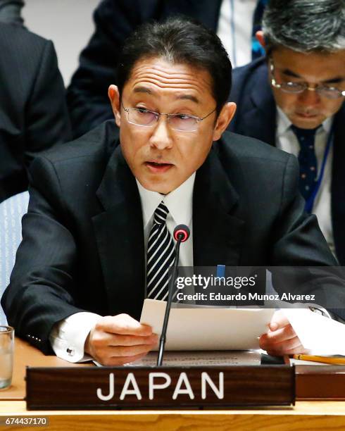 Japanese Foreign Minister Fumio Kishida speaks to members of the security council during a meeting on non-proliferation of North Korea at United...