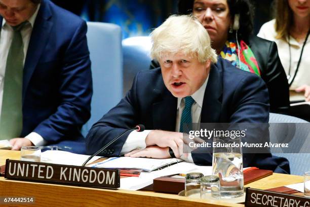 British Foreign Minister Boris Johnson speaks to members of the security council during a meeting on nonproliferation of North Korea at United...