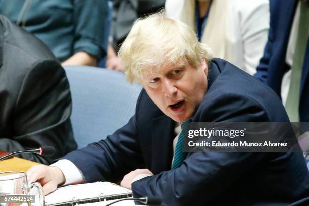 British Foreign Minister Boris Johnson speaks to members of the security council during a meeting on nonproliferation of North Korea at United...