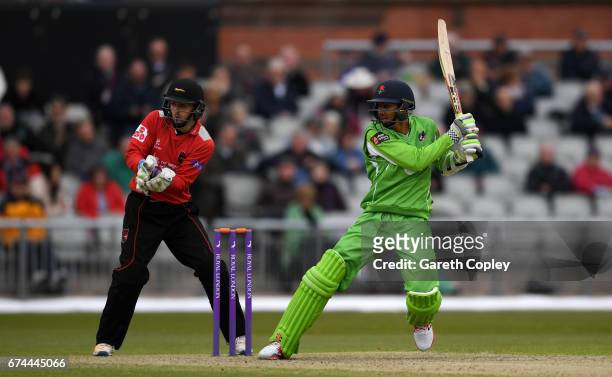Haseeb Hameed of Lancashire bats during the Royal London One-Day Cup match between Lancashire and Leicestershire at Old Trafford on April 28, 2017 in...
