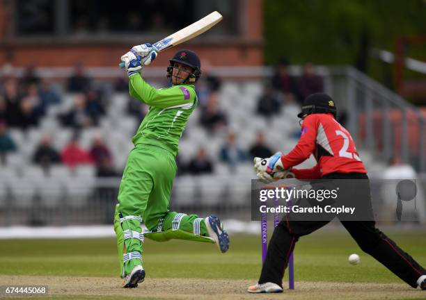 Liam Livingstone of Lancashire bats during the Royal London One-Day Cup match between Lancashire and Leicestershire at Old Trafford on April 28, 2017...