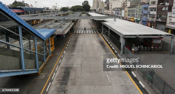 Closed bus terminal during a general strike against the Brazilian social welfare reform project in Sao Paulo, Brazil, on April 28, 2017. Protesters...