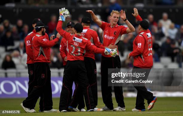 Zak Chappell of Leicestershire celebrates with teammates after dismissing Liam Livingstone of Lancashire during the Royal London One-Day Cup match...