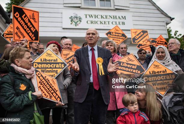 Former Liberal Democrat Secretary of State for Business, Innovation and Skills, Vince Cable, speaks at the launch of his campaign to return to...