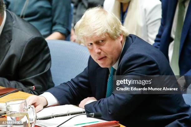 British Foreign Minister Boris Johnson speaks to members of the security council during a meeting on nonproliferation of North Korea at United...