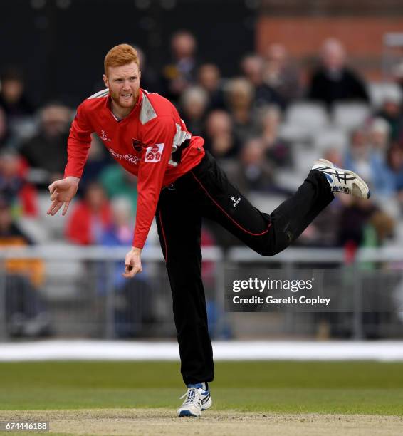 James Sykes of Leicestershire bowls during the Royal London One-Day Cup match between Lancashire and Leicestershire at Old Trafford on April 28, 2017...