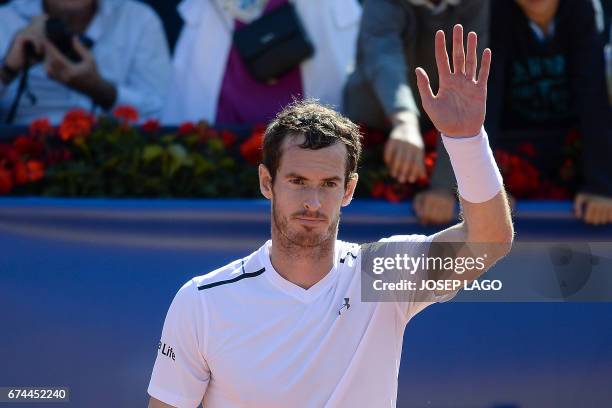 British tennis player Andy Murray celebrates his victory over Spanish tennis player Albert Ramos during the ATP Barcelona Open "Conde de Godo" tennis...