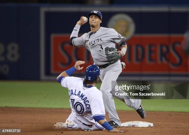 Orlando Arcia of the Milwaukee Brewers turns a double play in the ninth inning to end the game during MLB game action as Jarrod Saltalamacchia of the...
